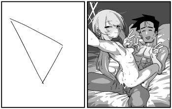 1boy 1girl asahina_yoshitoshi atsuko_(blue_archive) blue_archive blush breasts closed_mouth completely_nude cowgirl_position double_v girl_on_top greyscale half-closed_eyes halo hetero highres long_hair long_sleeves lying monochrome nipples nude on_back open_mouth reaching reaching_towards_viewer sex sketch small_breasts smile solo_focus straddling v