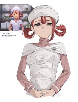 1girl apron breasts dress game_screenshot_inset grey_eyes hair_rings hat highres joy_(pokemon) long_sleeves looking_at_viewer medium_hair nintendo nurse nurse_cap pink_dress pink_hair pokemon pokemon_legends:_z-a raberu_ruru upper_body white_apron