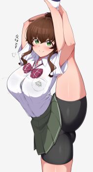 1girl absurdres bike_shorts bike_shorts_under_skirt black_shorts blush bow bowtie bra bra_peek breast_pocket breasts brown_hair closed_mouth collared_shirt commentary_request cowboy_shot green_eyes grey_background highres large_breasts looking_at_viewer mujin_(mujinzairaisen) original pocket popped_button red_bow red_bowtie school_uniform shirt shorts sidelocks smile solo split standing standing_on_one_leg standing_split translation_request underwear white_shirt