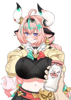 Rule 34 | 1girl, 1other, ahoge, animal ears, black skirt, blush, bottle, breast milk in container, breasts, commentary, cow ears, cow girl, cow horns, cow tail, crop top, english commentary, genshin impact, gosang, heart, heart-shaped pupils, highres, holding, holding bottle, horns, huge breasts, jacket, lactation, lactation through clothes, midriff, navel, pink hair, purple eyes, skirt, symbol-shaped pupils, tail, varesa (genshin impact), variant set, white background, yellow jacket