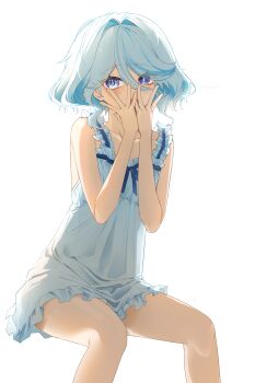 Rule 34 | 1girl, absurdres, bare shoulders, blue eyes, blue hair, blver, covering own mouth, dress, drop-shaped pupils, furina (genshin impact), genshin impact, hair intakes, heterochromia, highres, mismatched pupils, multicolored hair, sleeveless, sleeveless dress, solo, streaked hair, symbol-shaped pupils, white dress
