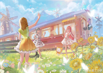 4girls ^_^ absurdres ace_(miracle_nikki) ahoge animal ankle_socks apron arm_up bare_arms bare_legs bare_shoulders bench black_bow black_dress black_shoes blue_sky blunt_bangs bobo_(miracle_nikki) bow bow_legwear bow_skirt bowtie braid brown_eyes brown_hair bug butterfly cat chinese_commentary cloak closed_eyes closed_mouth clothed_animal cloud commentary_request denim denim_shorts dress dress_bow ear_covers field floral_print flower flower_field frilled_shirt frilled_skirt frilled_socks frills full_body green_bow green_shirt grey_eyes grey_hair hair_bow hair_over_shoulder hand_on_own_hip happy heart high_heels high_ponytail highres hood hood_up hooded_cloak insect kimi_(miracle_nikki) kneehighs layered_skirt lens_flare long_hair long_sidelocks mary_janes miniskirt miracle_nikki mo_le_ge_yi momo_(nikki) multiple_girls nikki_(nikki) nikki_(series) off-shoulder_dress off_shoulder open_mouth orange_bow orange_bowtie outstretched_arm parted_lips pink_hair pink_shoes pleated_dress pleated_skirt ponytail purple_hair rose_print scenery shirt shoes short_dress short_sleeves shorts side_braids sidelocks sign simple_bird sitting skirt skirt_set sky sleeveless sleeveless_dress sleeveless_shirt smile socks standing striped_clothes striped_dress sunflower sunlight traditional_bowtie train turtleneck turtleneck_shirt twin_braids watermark waving wavy_hair weibo_watermark white_cat white_dress white_flower white_shirt white_skirt white_socks windmill yellow_apron yellow_cloak yellow_flower yellow_skirt