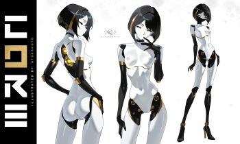 1girl absurdres ass black_hair black_sclera blonde_hair breasts colored_sclera colored_skin commentary contrapposto english_commentary full_body high_heels highres joints looking_at_viewer mask medium_hair mouth_mask multicolored_hair multiple_views nipples nude original otokakoto robot robot_girl robot_joints small_breasts solo standing stomach streaked_hair uncensored white_skin yellow_eyes