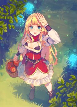 Rule 34 | 1girl, absurdres, apple, arm belt, basket, belt, blonde hair, blue eyes, blush, boots, bra, bra peek, breasts, brown belt, brown boots, cleavage cutout, clothing cutout, commentary request, dress, fold-over boots, food, fruit, full body, glowing mushroom, grass, highres, holding, holding basket, long hair, long sleeves, medium breasts, mushroom, open mouth, overskirt, red overskirt, red scarf, rit (shin no nakama), scarf, second-party source, shading eyes, shin no nakama janai to yuusha no party wo oidasareta no de henkyou de slow life suru koto ni shimashita, solo, standing, teeth, underwear, upper teeth only, white dress, yasumo (kuusouorbital)