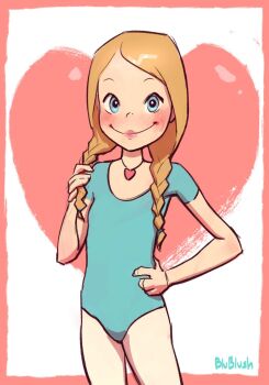 Rule 34 | 1girl, athletic leotard, bad source, ballerina, ballet, baraag, blonde hair, blublush2, blue eyes, blue leotard, blush, borrowed character, braid, breasts, crotch, groin, hand on own hip, heart, heart necklace, highres, jewelry, leotard, linnea (baraag), lips, locket, looking at viewer, necklace, pantyhose, pendant, pink pantyhose, playing with own hair, small breasts, smile, twin braids, twintails