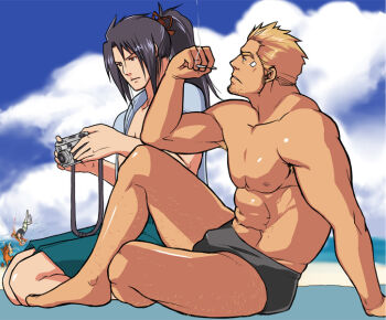 1girl 3boys armpit_hair armpit_hair_peek armpit_peek bara beach beard_stubble black_hair black_male_swimwear blonde_hair blue_shirt blue_shorts blue_sky bulge camera cid_highwind cigarette closed_mouth cloud cloudy_sky facial_hair final_fantasy final_fantasy_vii holding holding_camera holding_cigarette kneeling looking_at_object looking_to_the_side looking_up magnum_feering male_swimwear multiple_boys open_clothes open_shirt ponytail red_fur red_xiii shirt shorts sitting sky smoking stubble vincent_valentine yuffie_kisaragi