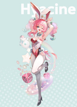 Rule 34 | 1girl, :o, absurdres, alternate costume, animal ears, aqua eyes, aqua hair, breasts, character name, cleavage, clothing cutout, commentary, coon, dice, english commentary, fake animal ears, fake tail, green background, high heels, highres, honkai: star rail, honkai (series), hyacine (honkai: star rail), leotard, little ica (honkai: star rail), long hair, medium breasts, multicolored hair, navel, navel cutout, pantyhose, pegasus, pink hair, pink leotard, playboy bunny, rabbit ears, rabbit pose, rabbit tail, tail, twintails, two-tone hair, white pantyhose, wrist cuffs