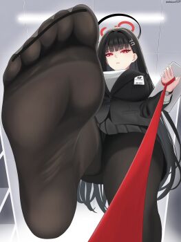 1girl absurdres black_hair black_jacket black_pantyhose black_skirt blazer blue_archive breasts commentary_request feet foot_focus from_below halo highres holding holding_leash holding_tablet_pc jacket large_breasts leash long_hair looking_at_viewer nobukusa0209 pantyhose parted_lips pleated_skirt pov red_eyes ringed_eyes rio_(blue_archive) skirt solo sweater tablet_pc very_long_hair viewer_on_leash watch white_sweater wristwatch