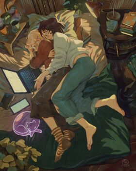 2girls absurdly_detailed_composition alt_text barefoot bedroom black_skirt blonde_hair blue_pants book brown_hair can cat cellphone charging_device closed_eyes closed_mouth coffee_mug commentary computer cuddling cup ear_piercing english_commentary from_above ghost highres indoors lamp laptop loaded_interior long_hair long_sleeves mug multiple_girls on_bed original pants phone piercing pillow red_shirt shirt short_hair simz skirt slice_of_life smartphone smile socks striped_clothes striped_socks sweater white_sweater yuri