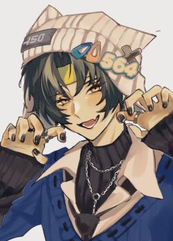 1boy alternate_costume asaba_harumasa beanie black_hair black_nails black_necktie blue_sweater blush commentary fang grey_background hands_up hat headband jewelry limited0twst0s looking_at_viewer male_focus multiple_rings necklace necktie open_mouth parted_bangs portrait ring shirt short_hair silver_ring simple_background skin_fang solo sweater turtleneck white_hat white_shirt yellow_eyes yellow_headband zenless_zone_zero