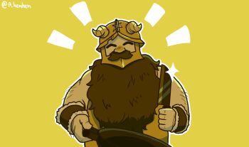 1boy ^_^ a_hemhem bara beard closed_eyes dungeon_meshi dwarf facial_hair facing_viewer fake_horns frying_pan hand_hair happy happy_aura helmet highres holding holding_frying_pan holding_knife horned_helmet horns knife long_beard male_focus monochrome mustache senshi_(dungeon_meshi) solo sparkle sparse_arm_hair thick_mustache upper_body very_long_beard yellow_theme