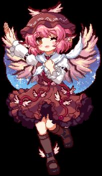 1girl animal_ears animated animated_gif anklet bird_ears bird_wings black_shoes brown_dress brown_eyes brown_hat brown_socks cape collar dress earrings full_body game_cg hat jewelry juliet_sleeves kneehighs kumio long_sleeves lowres mary_janes medium_hair mob_cap mystia_lorelei one_eye_closed open_mouth pinafore_dress pink_hair puffy_sleeves shirt shoes single_earring sleeveless sleeveless_dress socks solo space_print starry_sky_print tachi-e third-party_source touhou touhou_mystia&#039;s_izakaya transparent_background white_cape white_collar white_shirt winged_hat wings