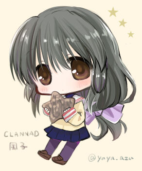 1girl black_pantyhose blue_skirt blush bow brown_eyes brown_shoes character_name chibi chibi_only clannad closed_mouth commentary_request copyright_name green_hair hair_between_eyes hair_bow hands_up highres holding holding_star ibuki_fuuko jacket loafers long_hair low-tied_long_hair miniskirt pantyhose pleated_skirt purple_bow sailor_collar school_uniform serafuku shoes sidelocks simple_background skirt sleeves_past_wrists solo standing star_(symbol) tareme twitter_username white_background white_sailor_collar yaya_(yayaya) yellow_jacket