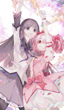 2girls absurdres akemi_homura akemi_homura_(magical_girl) arm_up black_capelet black_hairband black_pantyhose bow bow_(weapon) bow_choker bowtie bubble_skirt buttons capelet center_frills chinese_commentary choker commentary_request cowboy_shot dress dress_bow eyelashes flower frilled_skirt frilled_sleeves frills gloves grey_hair hair_bow hairband highres holding holding_bow_(weapon) holding_weapon kaname_madoka kaname_madoka_(magical_girl) long_hair long_sleeves looking_at_viewer magical_girl mahou_shoujo_madoka_magica mahou_shoujo_madoka_magica_(anime) making-of_available mengyou_zhi_jia_gai miniskirt multiple_girls one_eye_covered pantyhose parted_lips petals pink_dress pink_eyes pink_hair pleated_skirt puffy_short_sleeves puffy_sleeves purple_bow purple_bowtie purple_capelet purple_flower purple_skirt red_bow red_choker sharing short_dress short_hair short_sleeves short_twintails skirt smile teeth twintails two-tone_capelet very_long_hair weapon white_background white_dress white_gloves white_skirt white_sleeves