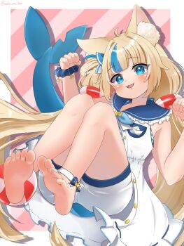 Rule 34 | 1girl, animal ears, barefoot, blonde hair, blue eyes, blush, feet, fins, fish tail, highres, indie virtual youtuber, long hair, looking at viewer, multicolored hair, open mouth, sameko saba, shark tail, soles, streaked hair, tail, toes, virtual youtuber, waka me kav