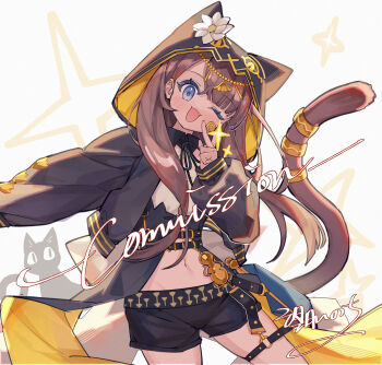 1girl :d absurdres animal_hood arknights artist_name black_hoodie black_shorts blush brown_hair cat cat_girl cat_hood cat_tail cowboy_shot fang hand_up highres hood hood_up hoodie index_finger_raised long_hair looking_at_viewer midriff mochizuki_inochi navel o-ring o-ring_thigh_strap open_clothes open_hoodie open_mouth pepe_(arknights) shorts smile solo sparkle standing tail thigh_strap