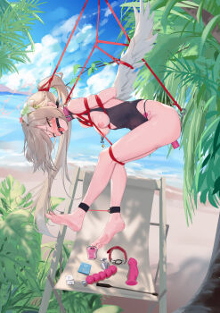 1girl absurdres anal anal_hook anal_object_insertion angel_wings arms_behind_back barefoot bdsm beach black_one-piece_swimsuit blue_archive bondage bound bound_ankles bound_arms bound_legs breasts breasts_out butt_plug chair collar dildo double_penetration egg_vibrator feathered_wings female_focus flower from_side gag gagged hair_flower hair_ornament halo highres long_hair looking_at_viewer low_wings nagisa_(blue_archive) nagisa_(swimsuit)_(blue_archive) nipple_clamps nipples object_insertion one-piece_swimsuit outdoors ponytail qaq_baiguang restrained ring_gag sand sex_toy shibari skindentation slave soles solo stationary_restraints suspension swimsuit tongue tongue_out vaginal vaginal_object_insertion vibrator vibrator_cord vibrator_under_clothes water white_wings wings