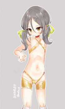 1girl bikini closed_mouth commentary_request dated flat_chest gold_bikini grey_background grey_hair highres inagi_(kancolle) kantai_collection loli long_hair low_twintails mf_u_c micro_bikini navel orange_eyes outline signature simple_background solo swimsuit twintails wavy_eyes white_outline