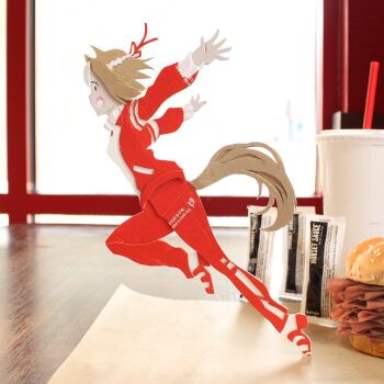 Rule 34 | 1girl, animal ears, arby's (brand account), braid, brown hair, cardboard (medium), commentary, cup, disposable cup, drinking straw, english commentary, food, from side, hair ribbon, half up braid, highres, horse ears, horse girl, horse tail, jacket, multicolored hair, multicolored jacket, open mouth, outstretched arms, pants, photo (medium), profile, red jacket, red pants, red ribbon, red shoes, red track suit, ribbon, roast beef, running, sandwich, shoes, short hair, sideways mouth, smile, sneakers, solo, special week (umamusume), streaked hair, tail, tracen training uniform, track jacket, track pants, track suit, two-tone hair, two-tone jacket, two-tone track suit, umamusume, white hair, white jacket, white track suit