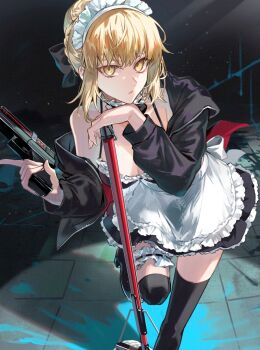 1girl apron artoria_pendragon_(fate) bikini black_bikini black_jacket black_ribbon black_skirt black_thighhighs blonde_hair blush braid breasts choker cleavage fate/grand_order fate_(series) frilled_choker frilled_thigh_strap frills gun hair_bun hair_ribbon highres hood hooded_jacket jacket long_hair long_sleeves looking_at_viewer maid maid_bikini maid_headdress medium_breasts mop navel off_shoulder open_clothes open_jacket poppoman ribbon saber_alter saber_alter_(swimsuit_rider)_(second_ascension) sidelocks skirt solo swimsuit thigh_strap thighhighs thighs unconventional_maid waist_apron weapon white_apron yellow_eyes