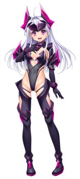 Rule 34 | 1girl, :d, aikawa haruno, antenna hair, armor, avalatia ignis, black gloves, black leotard, boots, breasts, chest jewel, cleavage, clothing cutout, covered navel, cutout above navel, earrings, elbow gloves, forehead protector, full body, game cg, gloves, gluteal fold, hand on own chest, headgear, headpiece, highleg, highleg leotard, jewelry, kamitsurugi ouka, kouyoku senki exs-tia concert, large variant set, leotard, long hair, looking at viewer, medium breasts, non-web source, official art, open mouth, purple eyes, single earring, smile, solo, standing, tachi-e, thigh boots, thighhighs, transparent background, variant set, white hair