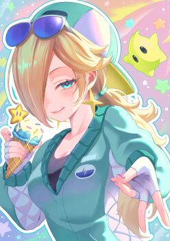 1girl absurdres alternate_costume amanegi_toro backwards_hat baseball_cap blonde_hair blue-framed_eyewear blue_eyes blue_jacket breasts cleavage commentary_request earrings eyewear_on_head fingerless_gloves gloves hair_over_one_eye hat highres ice_cream_cone jacket jewelry long_hair luma_(mario) mario_(series) medium_breasts nintendo ponytail rosalina solo_focus star_(symbol) star_earrings sunglasses super_mario_galaxy upper_body v white_gloves