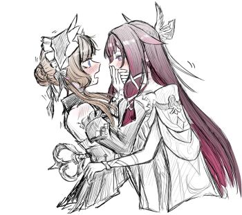 2girls arm_ribbon bare_back bare_shoulders black_dress black_hair black_hairband black_ribbon black_sleeves blunt_bangs blush bow bowtie brown_hair columbina_(genshin_impact) covering_another's_mouth detached_collar detached_sleeves dress feathered_wings frills genshin_impact gradient_hair hair_bun hair_ornament hair_ribbon hair_tubes hairband hands_on_another's_face hands_up hashtag-only_commentary head_wings key long_hair long_sleeves looking_at_another multicolored_hair multiple_girls multiple_wings off-shoulder_dress off_shoulder open_mouth pale_skin pink_hair purple_eyes ribbon saba_oekaki sandrone_(genshin_impact) short_hair_with_long_locks shy sidelocks simple_background sleeveless sleeveless_dress strapless strapless_dress sweat two-tone_hair v-shaped_eyebrows white_background white_bow white_bowtie white_dress white_headdress wide_sleeves wing_collar wings x_hair_ornament yuri