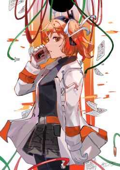 Rule 34 | 1girl, a.i. voice, adachi rei, arm at side, belt, black pantyhose, black shirt, cassette player, cave, from side, gloves, grey skirt, hair ribbon, hand up, highres, holding, jacket, long sleeves, looking at viewer, netsu ijou (utau), open clothes, open jacket, orange background, orange belt, orange hair, pantyhose, paper, radio antenna, ribbon, rnp 02, shirt, side ponytail, skirt, solo, utau, white background, white gloves, white jacket, white ribbon