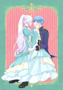Rule 34 | 1boy, 1girl, absurdres, aqua border, aqua dress, arm around waist, aruna, black shoes, blue hair, blue jacket, border, closed eyes, commentary request, couple, dress, earrings, elf, frieren, frilled sleeves, frills, gold trim, grey hair, hair between eyes, hand on another's cheek, hand on another's face, hetero, highres, himmel (sousou no frieren), jacket, jewelry, juliet sleeves, long dress, long hair, long sleeves, looking at another, mole, mole under eye, open mouth, parted bangs, pink background, pointy ears, ponytail, puffy sleeves, shoes, short hair, signature, sitting, sitting on lap, sitting on person, smile, sousou no frieren, wide sleeves