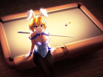 1girl absurdres ahoge animal_ears arcueid_brunestud ball billiard_ball billiards black_pantyhose blonde_hair blush breasts cleavage cue_stick curvy dantonphanton fake_animal_ears highres indoors large_breasts leotard pantyhose playboy_bunny pool_table rabbit_ears red_eyes resting short_hair smile solo strapless strapless_leotard table thick_thighs thighs tsukihime wrist_cuffs