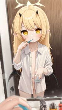 1girl absurdres black_horns black_wings blonde_hair blue_archive commentary comodox demon_horns demon_tail demon_wings english_commentary flat_chest halo highres holding horns huge_filesize ibuki_(blue_archive) loli long_hair navel open_clothes open_shirt paid_reward_available pointy_ears shirt tail toothbrush variant_set white_shirt wings yellow_eyes