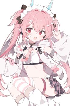 Rule 34 | 1girl, absurdres, bandaid, blush, choker, commentary request, detached sleeves, fang, flat chest, hair ornament, highres, jacket, long hair, looking at viewer, necktie, open clothes, open jacket, open mouth, original, pink hair, pink necktie, plaid clothes, plaid skirt, pleated skirt, red eyes, simple background, skin fang, skirt, solo, striped clothes, striped thighhighs, thighhighs, twintails, urotsuki (ku9625), white background, white jacket