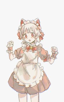 1boy :o animal_ears apron bell bow bowtie cat_boy cat_ears chinese_commentary clenched_hands commentary_request cowboy_shot crossdressing crossdressing_(mtf) dress frilled_wrist_cuffs frills hands_up highres jingle_bell maid maid_headdress male_focus male_maid neck_bell pink_bow pink_bowtie pink_dress red_eyes saihate_eki short_dress simple_background solo tatsunami_shion white_apron white_background wrist_cuffs yu989936