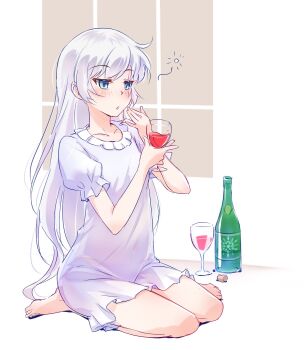 1girl alcohol alternate_hairstyle blue_eyes bottle cork covered_navel cup drinking_glass hair_down highres iesupa long_hair red_wine rwby scar scar_across_eye scar_on_face sleepwear solo tipsy weiss_schnee white_hair wine wine_bottle wine_glass