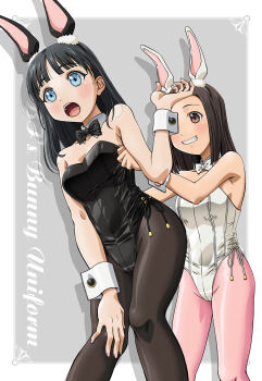 akebi-chan_no_serafuku akebi_komichi animal_ears black_bow black_bowtie black_hair black_legwear black_leotard blue_eyes bow bowtie brown_eyes commentary_request detached_collar grin highres leotard long_hair pantyhose pink_legwear playboy_bunny rabbit_ears rabbit_tail smile tail takagi_nobuyuki traditional_bowtie usagihara_touko white_bow white_bowtie white_leotard wrist_cuffs