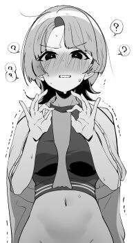 Rule 34 | 1girl, ?, absurdres, arimura mao, blush, c-string, commentary request, embarrassed, gakuen idolmaster, greyscale, groin, highres, idolmaster, jacket, jacket on shoulders, looking at viewer, monochrome, navel, nervous sweating, nose blush, out-of-frame censoring, simple background, solo, spoken question mark, stomach, strapless bottom, sweat, trembling, white background, yaa-kun