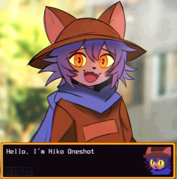 Rule 34 | 1other, :3, blue hair, blue scarf, blurry, blurry background, brown eyes, brown hat, commentary, dialogue box, english commentary, english text, fangs, hat, looking at viewer, niko (oneshot), oneshot (game), open mouth, outdoors, scarf, short hair, smile, solo, tongue, ubbir64, upper body