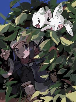 Rule 34 | 1girl, akari (pokemon), anzu (01010611), black eyes, black hair, blue background, bush, commentary, galaxy team survey corps uniform, gen 2 pokemon, hiding, highres, looking at another, looking at viewer, nintendo, open mouth, pokemon, pokemon (creature), pokemon legends: arceus, squatting, togetic, untranslatable commentary