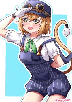 amaimi blonde_hair dooby dooby_(1st_costume) goggles green_eyes hat indie_virtual_youtuber overalls salute tail train_conductor virtual_youtuber