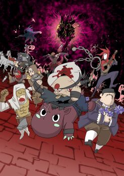 3girls 6+boys abomination_(darkest_dungeon) antibody_(darkest_dungeon) antiquarian_(darkest_dungeon) armor ascot banjo blush_stickers bounty_hunter_(darkest_dungeon) breastplate carriage chain coat commentary crayon_shin-chan crayon_shin-chan:_ora_no_hikkoshi_monogatari:_saboten_dai_shuugeki crusader_(darkest_dungeon) cultist_priest_(darkest_dungeon) darkest_dungeon epaulettes faceless faceless_male flagellant_(darkest_dungeon) flail flesh_hound_(darkest_dungeon) gold_trim hat headscarf heart_of_darkness_(darkest_dungeon) hellion_(darkest_dungeon) highres holding holding_whip horse instrument jester jester_(darkest_dungeon) jester_cap leper_(darkest_dungeon) mask monster multiple_boys multiple_girls parody polyp_(darkest_dungeon) scene_reference shambler_(darkest_dungeon) stone_floor sweat nervous_sweating templar_sniper_(darkest_dungeon) templar_warlord_(darkest_dungeon) the_caretaker_(darkest_dungeon) the_heir_(darkest_dungeon) varamill vestal_(darkest_dungeon) weapon