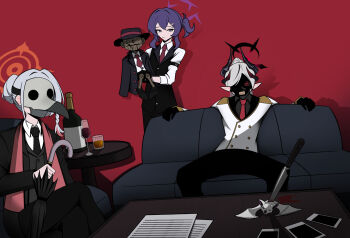 3girls absurdres black_mask_(batman) blue_archive bottle commentary cosplay cup dc_comics demon_girl demon_horns drinking_glass english_commentary halo haruka_(blue_archive) haruna_(blue_archive) highres horns makoto_(blue_archive) mask multiple_girls non_de_burk oswald_chesterfield_cobblepot pointy_ears red_background skull_mask the_penguin ventriloquist_dummy wine_bottle wine_glass