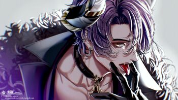 bell black_collar black_gloves collar earrings fang fangs gloves hand_on_own_face highres horns indie_virtual_youtuber invain_(vtuber) jewelry jubako_(nest_of_boxes) looking_at_viewer megaphone neck_bell tongue tongue_out virtual_youtuber watermark white_background