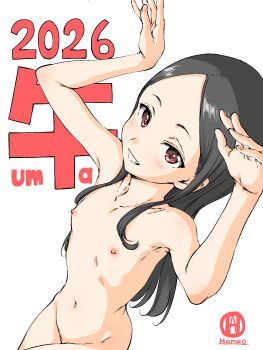 1girl 2026 arms_up black_hair chinese_zodiac commentary_request completely_nude flat_chest hamao highres long_hair looking_at_viewer navel nipples nude original parted_bangs red_eyes smile solo year_of_the_horse