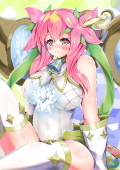 Rule 34 | 1girl, blonde hair, blush, breasts, closed mouth, commentary request, covered navel, duel masters, elbow gloves, flower, gloves, gold trim, green hair ornament, hair flower, hair ornament, high ponytail, konagiyume, large breasts, leotard, long hair, magic circle, multicolored hair, pink hair, ponytail, rafululu love (duel masters), short ponytail, sidelocks, solo, thighhighs, white gloves, white leotard, white thighhighs