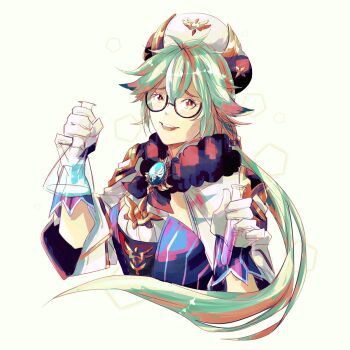 1girl erlenmeyer_flask flask genshin_impact green_hair hat hiffuu highres holding holding_test_tube long_hair orange_eyes pentagon_(shape) round_eyewear semi-rimless_eyewear solo sucrose_(genshin_impact) test_tube upper_body vision_(genshin_impact) white_background