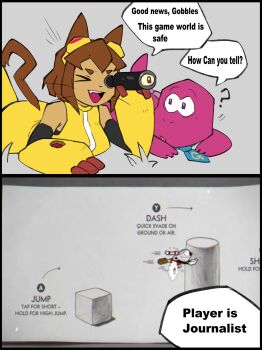 animal_ears ass breasts brown_hair cat_ears cat_girl cat_tail crossover cuphead cuphead_(game) dinosaur flowerpigeon furry furry_female gameoverse gobbles_(gameoverse) highres huge_ass huge_breasts kit_bodega large_breasts short_hair tail