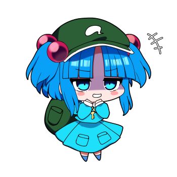 1girl :3 absurdres backpack bag blue_boots blue_eyes blue_hair blue_shirt blue_skirt blue_socks blunt_bangs blush_stickers boots chibi commentary_request full_body green_hat grin hair_bobbles hair_ornament hands_up hat highres kawashiro_nitori long_sleeves looking_ahead no_nose parted_bangs pocket puffy_long_sleeves puffy_sleeves shaded_face shirt skirt smile socks solo sparkle touhou transparent_background two_side_up v-shaped_eyebrows you_(noanoamoemoe)