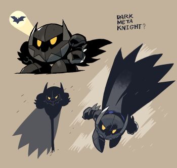 1boy absurdres armor bat_signal batman batman_(cosplay) batman_(series) cape character_name commentary_request cosplay dc_comics full_body gloves highres kirby_(series) knight looking_at_viewer looking_up male_focus mask meta_knight nintendo no_humans pun rariatto_(ganguri) standing trait_connection yellow_eyes