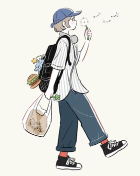 1girl backpack bag bag_charm baseball_cap bear black_bag black_shoes blowing blue_hat blue_pants blush brown_hair burger charm_(object) clover commentary converse cream_background cuffed dandelion dandelion_seed flower food four-leaf_clover from_side full_body gesooo_4 grey_shirt hat headphones headphones_around_neck highres holding holding_bag original pants red_socks shirt shoes shopping_bag simple_background sneakers socks solo standing star_charm striped_clothes striped_shirt vertical-striped_clothes vertical-striped_shirt walking white_shirt