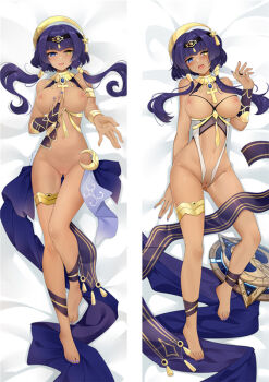 1girl ankh barefoot blue_eyes breasts bridal_gauntlets candace_(genshin_impact) closed_mouth commentary_request dakimakura_(medium) eye_of_horus full_body genshin_impact hand_on_own_chest heterochromia jewelry large_breasts lying moeanime multiple_views navel nipples nude on_back purple_hair pussy shield smile thighlet yellow_eyes